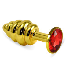 Анальная пробка ребристая LoveToys Butt Plug с красным кристаллом, золотая