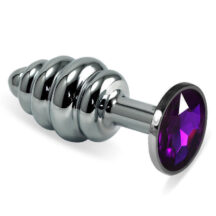 Анальная пробка ребристая LoveToys Butt Plug S с фиолетовым кристаллом, серебряная