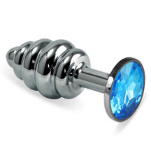 Анальная пробка ребристая LoveToys Butt Plug S с голубым кристаллом, серебряная