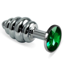 Анальная пробка ребристая LoveToys Butt Plug S с зеленым кристаллом, серебряная