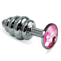 Анальная пробка ребристая LoveToys Butt Plug S с розовым кристаллом, серебряная