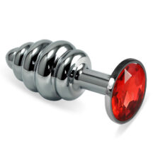 Анальная пробка ребристая LoveToys Butt Plug S с рубиновым кристаллом, серебряная