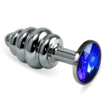 Анальная пробка ребристая LoveToys Butt Plug S с синим кристаллом, серебряная