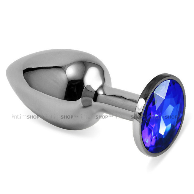 Анальная пробка LoveToys Butt Plug S с синим кристаллом, серебряная