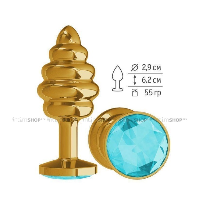 фото Анальная втулка Gold Spiral с голубым кристаллом маленькая