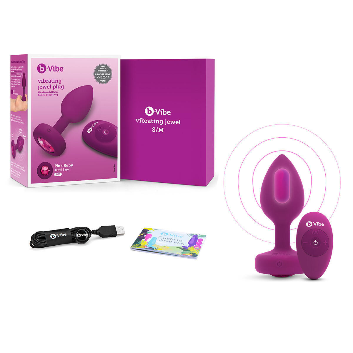 Вибропробка b-Vibe Jewel с пультом ДУ S/M, фиолетовая с розовым кристаллом