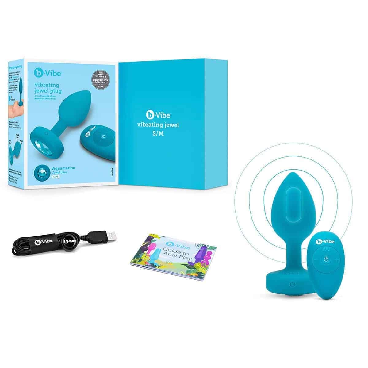 Вибропробка B-vibe Jewel S/M с пультом ДУ с аквамариновым кристаллом, голубая