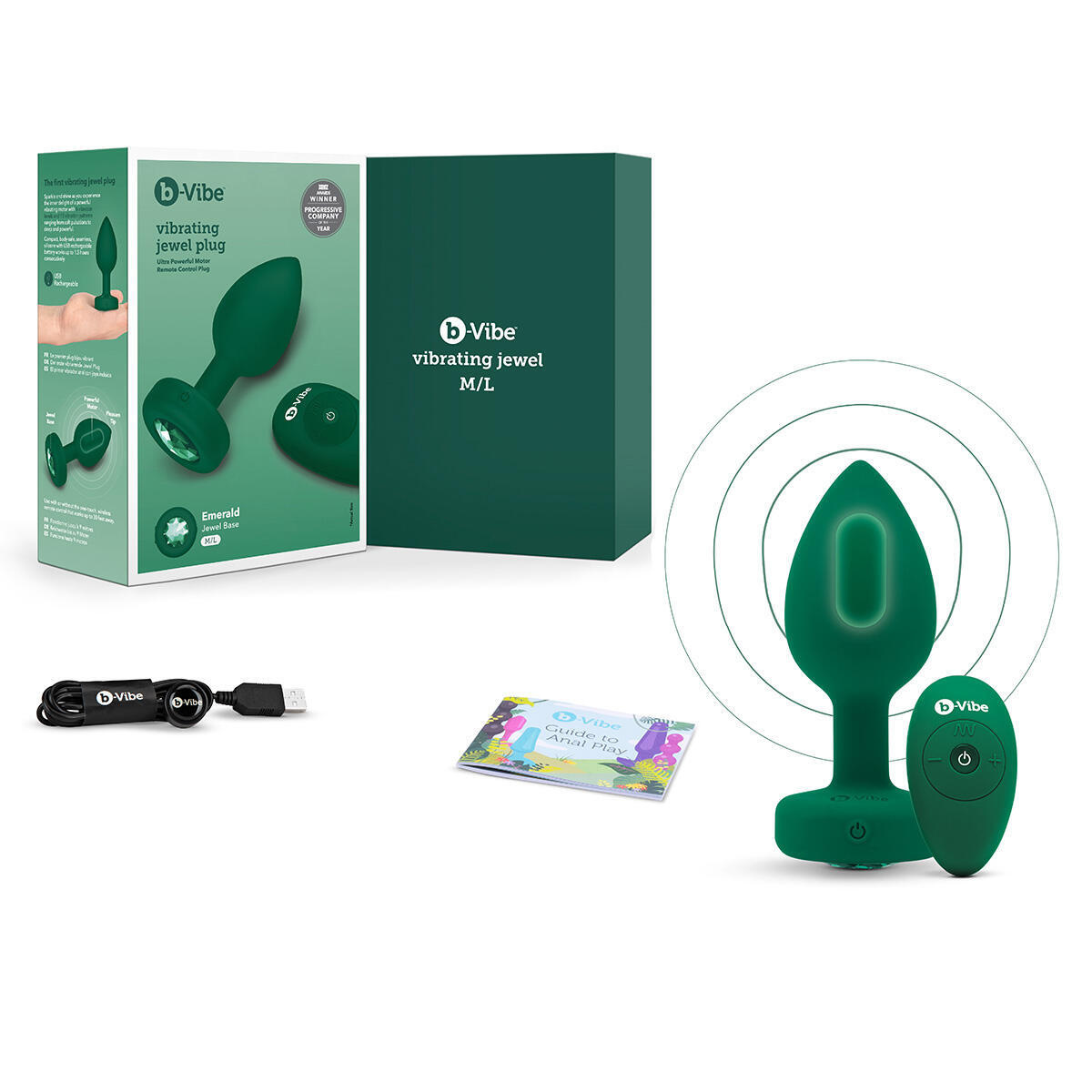 Вибропробка b-Vibe Jewel M/L с пультом ДУ, зеленая с зеленым кристаллом