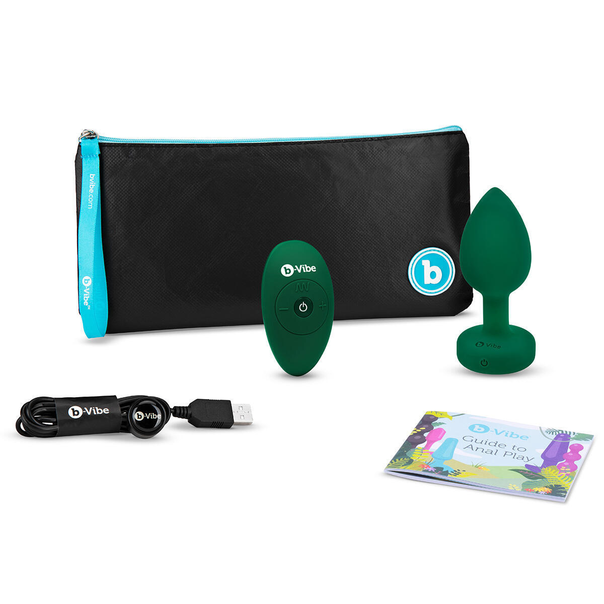 Вибропробка b-Vibe Jewel M/L с пультом ДУ, зеленая с зеленым кристаллом