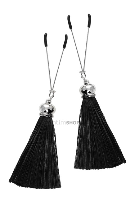 Зажимы на соски «вилки» с кисточками из шелка Pecado BDSM, металл, черный - фото 4