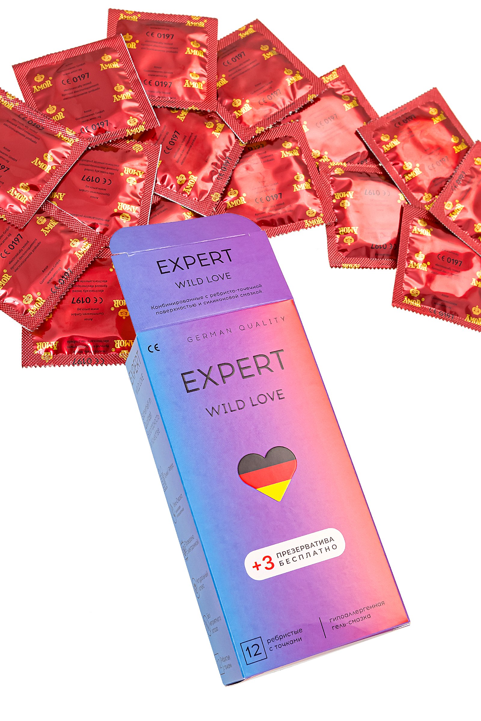 Презервативы ребристые с точками Amor Expert Wild Love, 12 шт + 3 шт