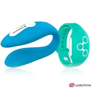 Вибратор для пар DreamLove Wearwatch Dual Pleasure Watchme с зеленым браслетом ДУ, голубой