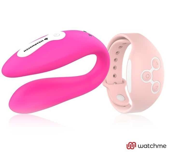 Вибратор для пар DreamLove Wearwatch Dual Pleasure Watchme с розовым браслетом ДУ, фуксия от IntimShop