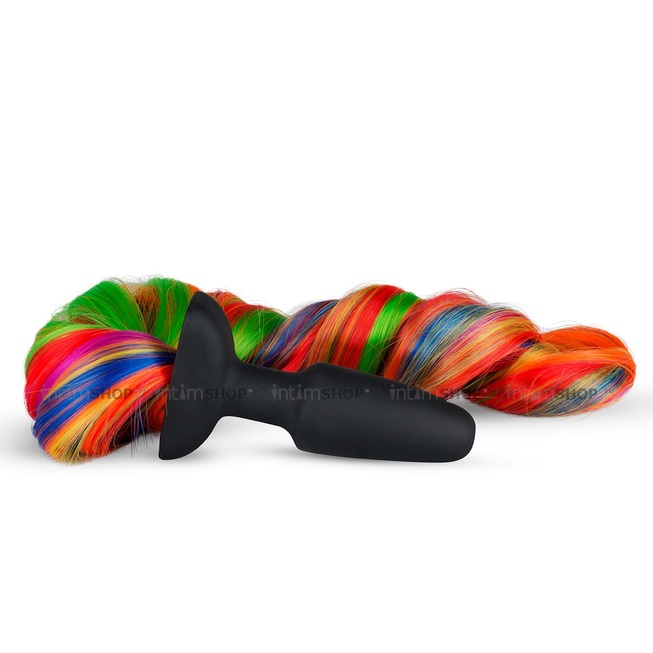 Силиконовая анальная пробка EasyToys Butt Plug With Tail, чёрная с разноцветным хвостом