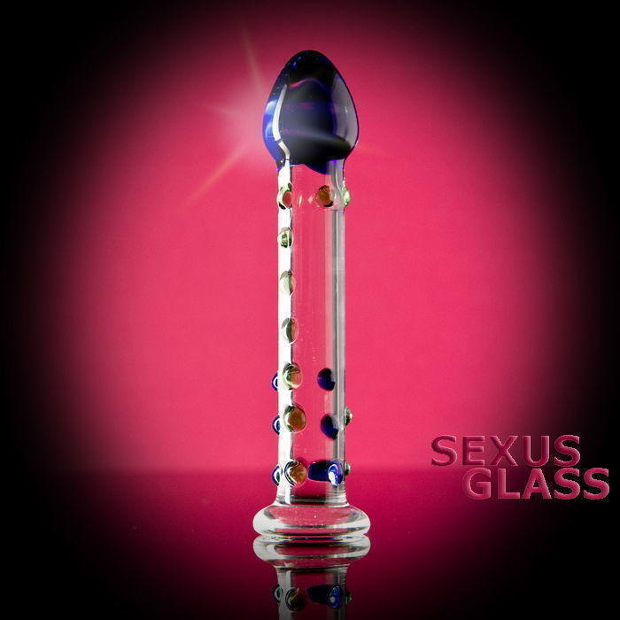 Стимулятор Sexus Glass с точками и синей головкой, бесцветный, 18 см