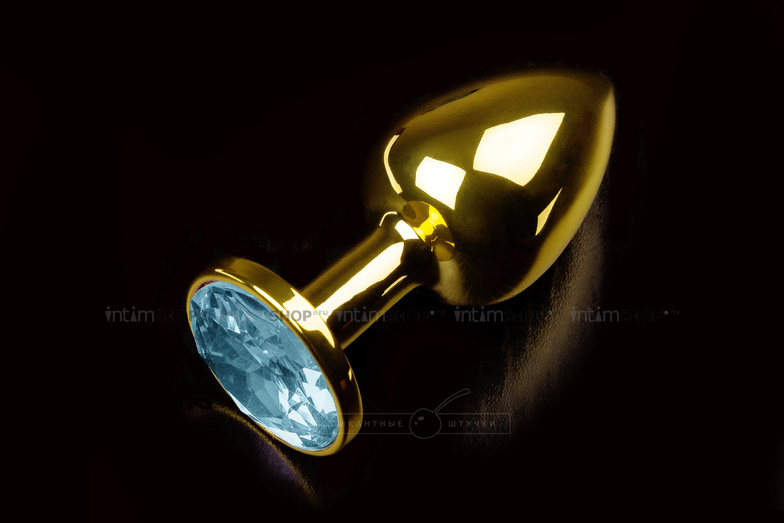 фото Маленькая анальная пробка с голубым кристаллом Пикантные Штучки, золотистый