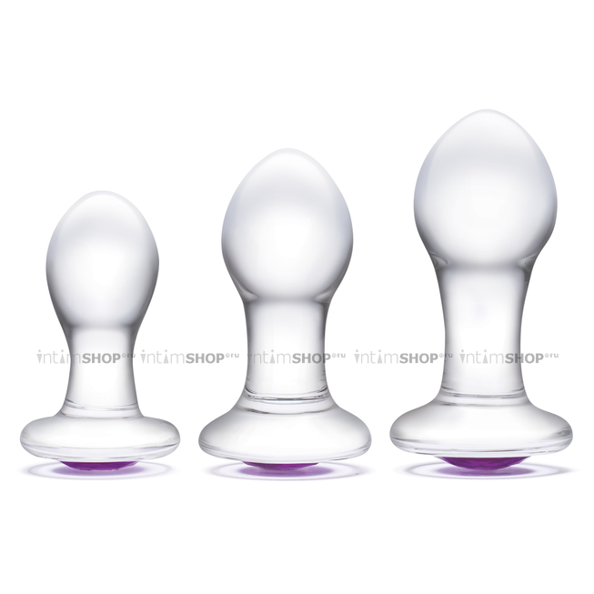 Набор анальных пробок Glas 3 Piece Bling Bling, бесцветные с фиолетовыми кристаллами