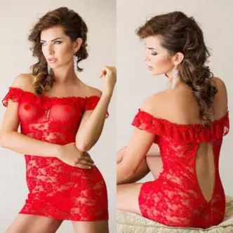 Кружевная комбинация с вырезом на спинке и стринги, красные - M/L