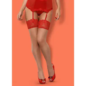 Телесные чулки с красным кружевом LOVICA STOCKINGS Obsessive, L/XL