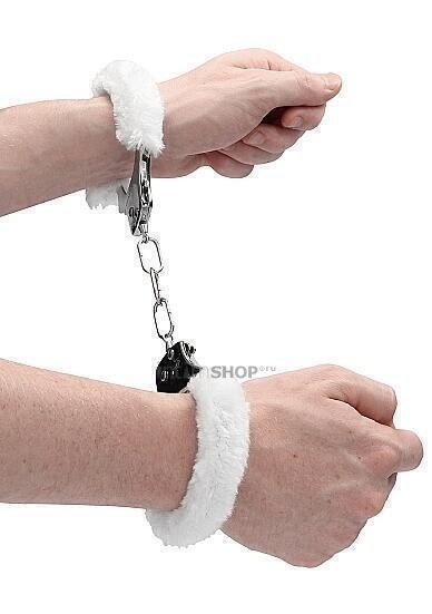 Металлические наручники Shots Ouch! Pleasure Handcuffs с белым мехом, серебристые - фото 3