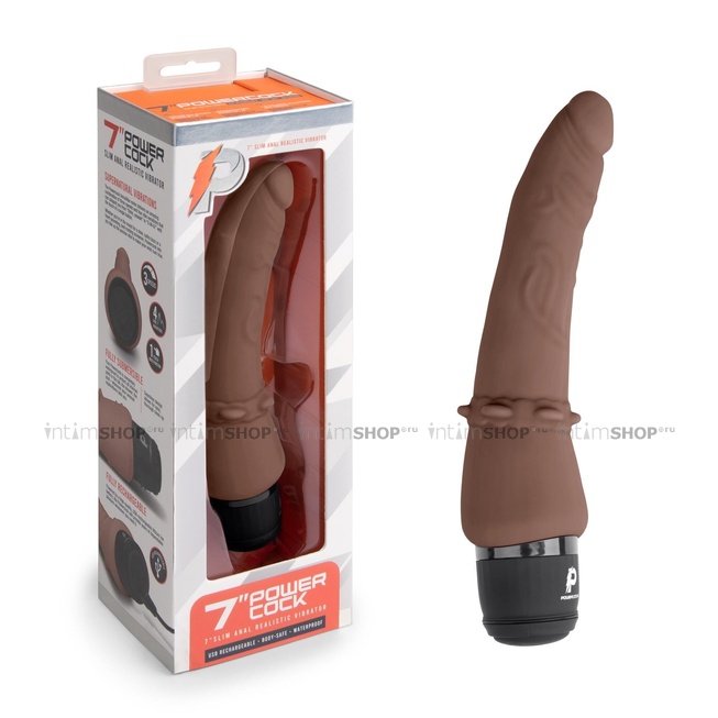 Анальный вибратор PowerCocks Slim 7" реалистичный, шоколад от IntimShop