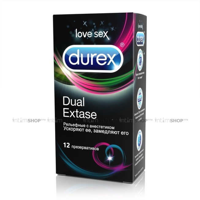 Презервативы Durex Dual Extase рельефные с анестетиком, 12 шт