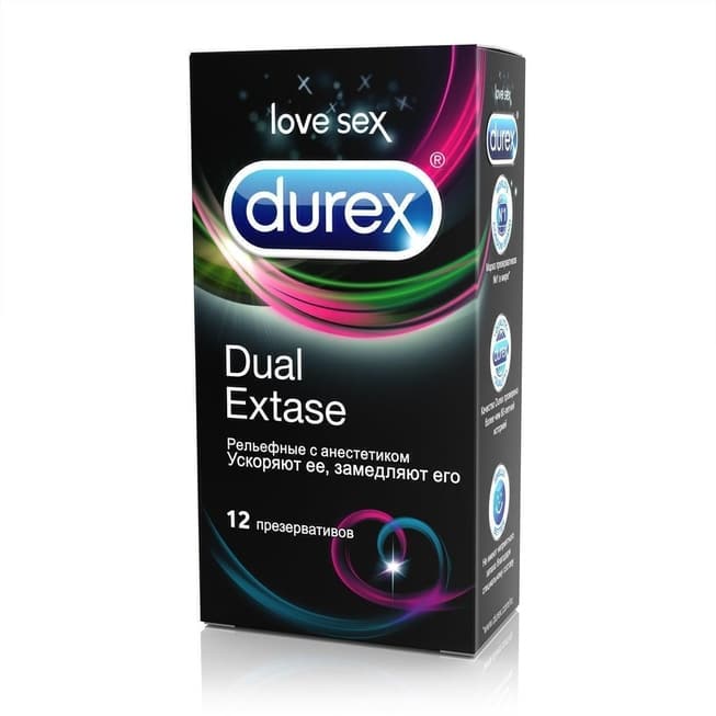 Презервативы Durex Dual Extase рельефные с анестетиком, 12 шт