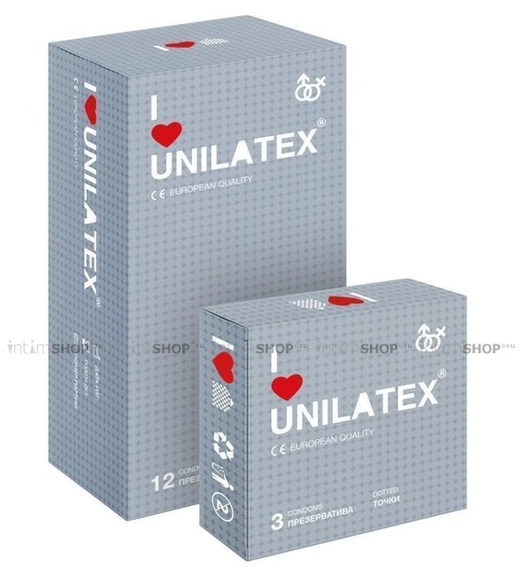 Презервативы Unilatex 12 шт + 3 шт в подарок, рельефные с точками от IntimShop