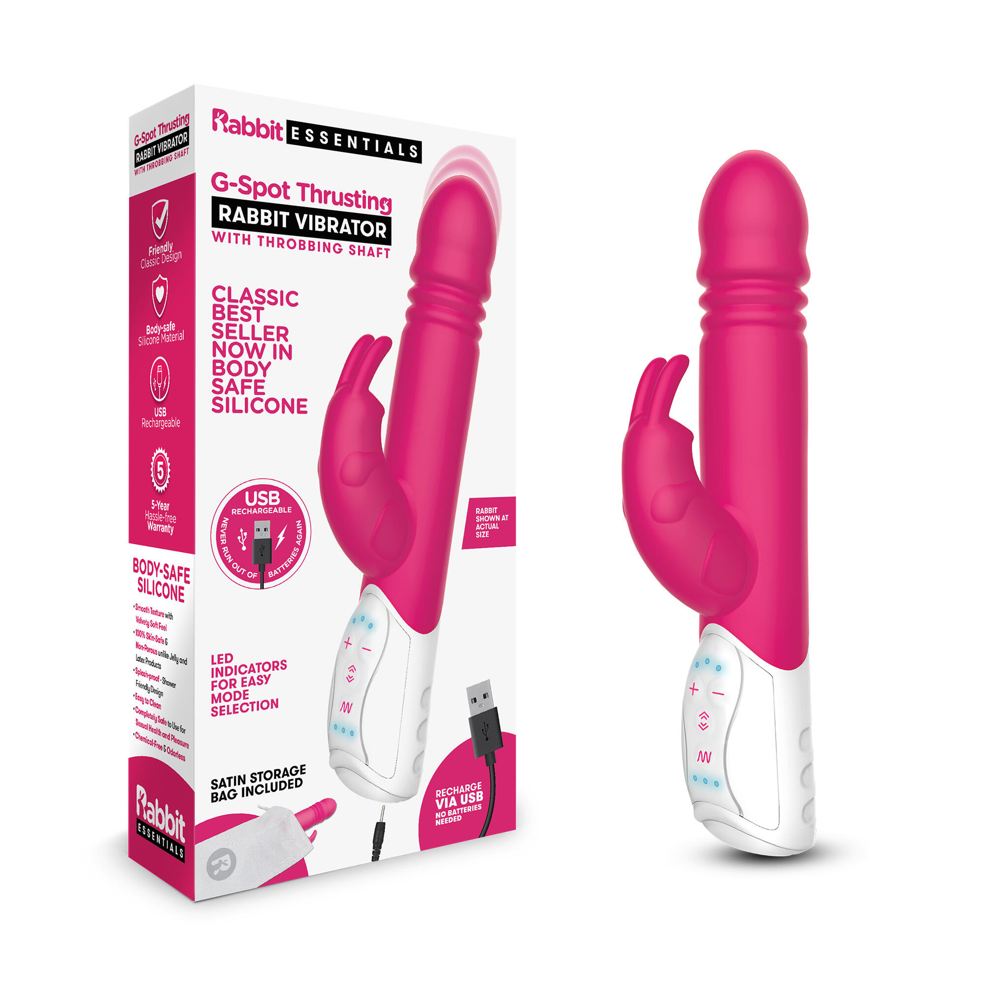 Вибратор-кролик фрикционный Rabbit Essentials G-Spot Thrusting, розовый