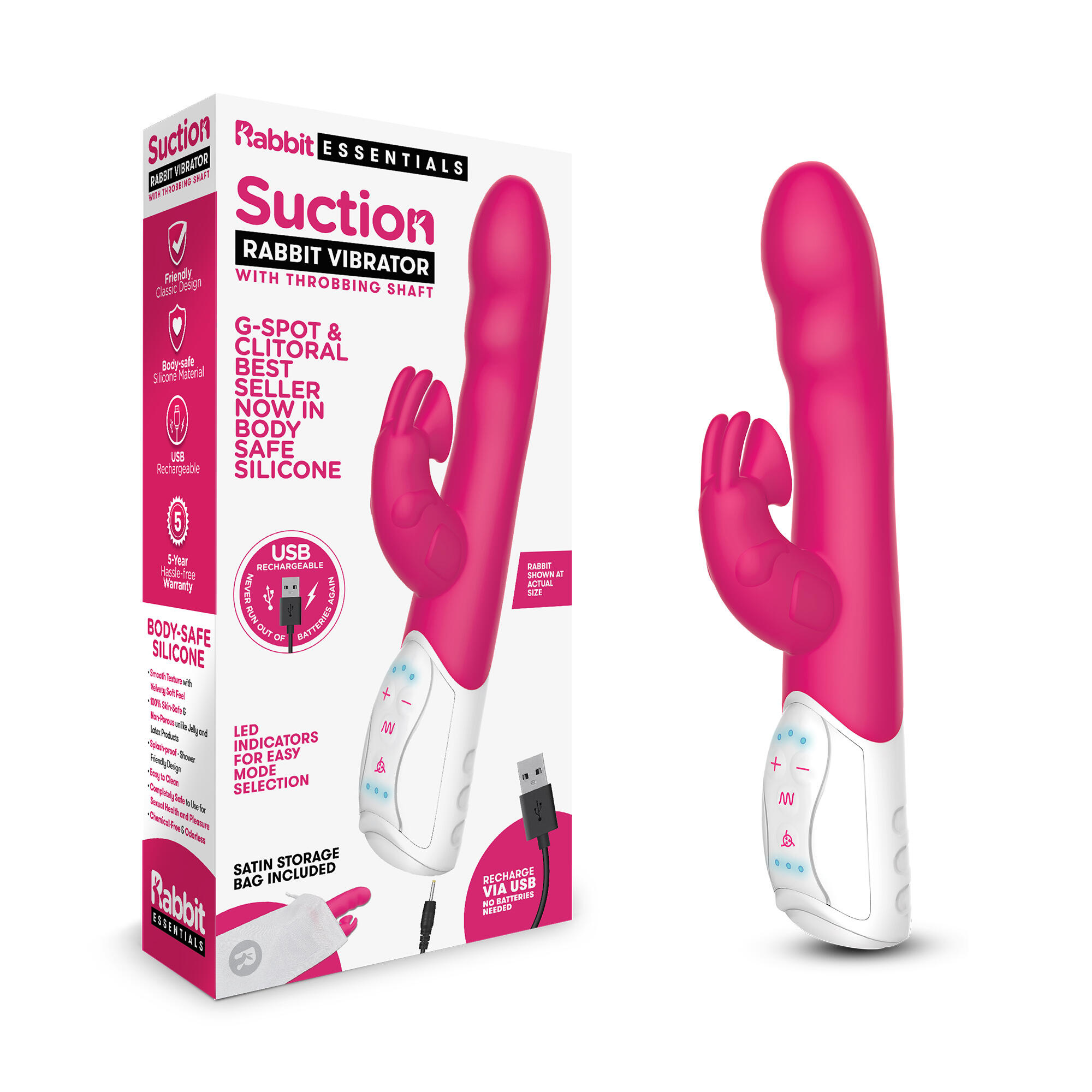 Вибратор-кролик с функцией всасывания Rabbit Essentials Suction, розовый