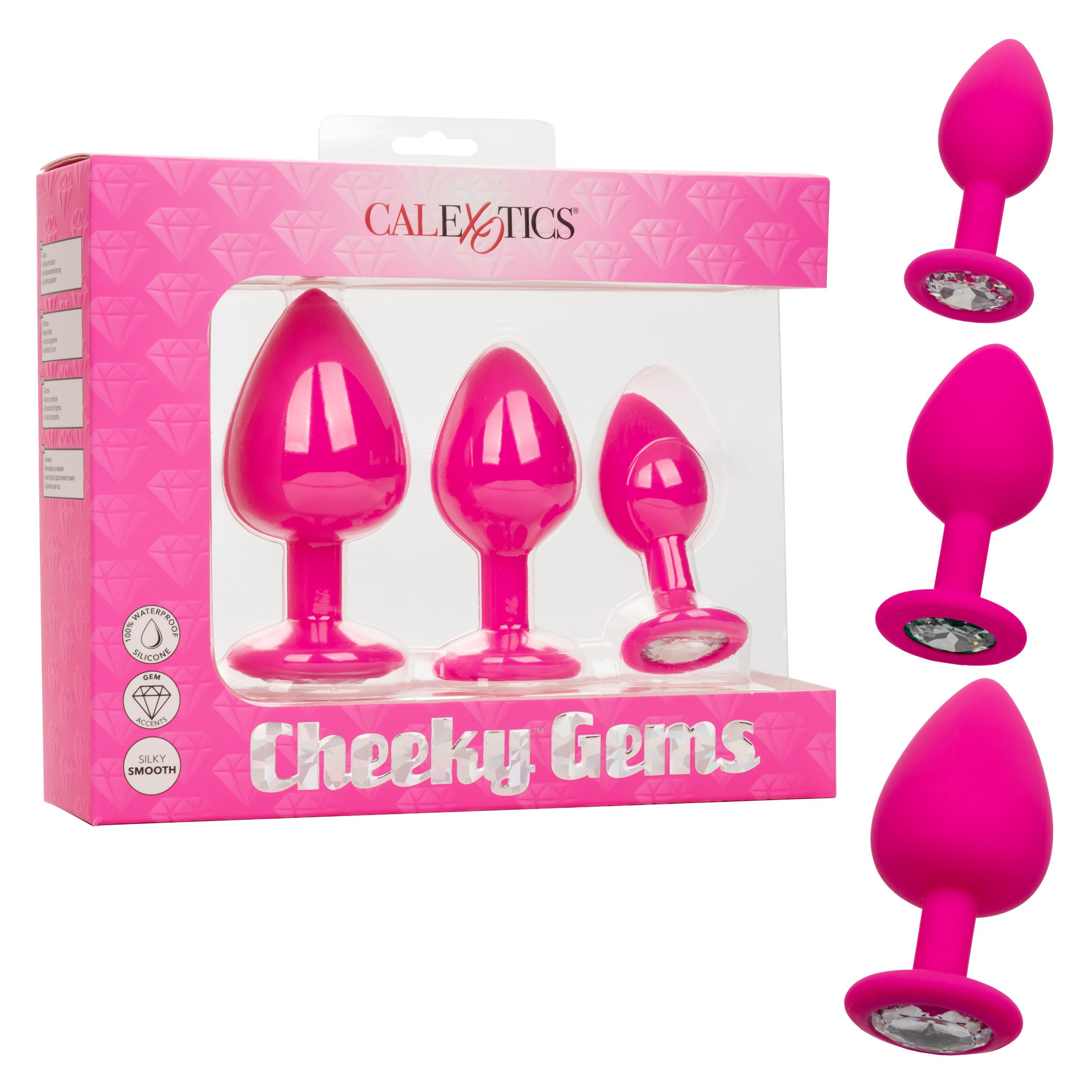 Набор анальных пробок CalExotics Cheeky Gems, розовые с бесцветными кристаллами