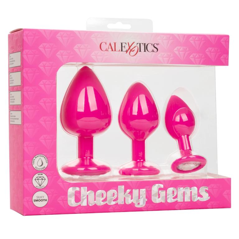 Набор анальных пробок CalExotics Cheeky Gems, розовые с бесцветными кристаллами