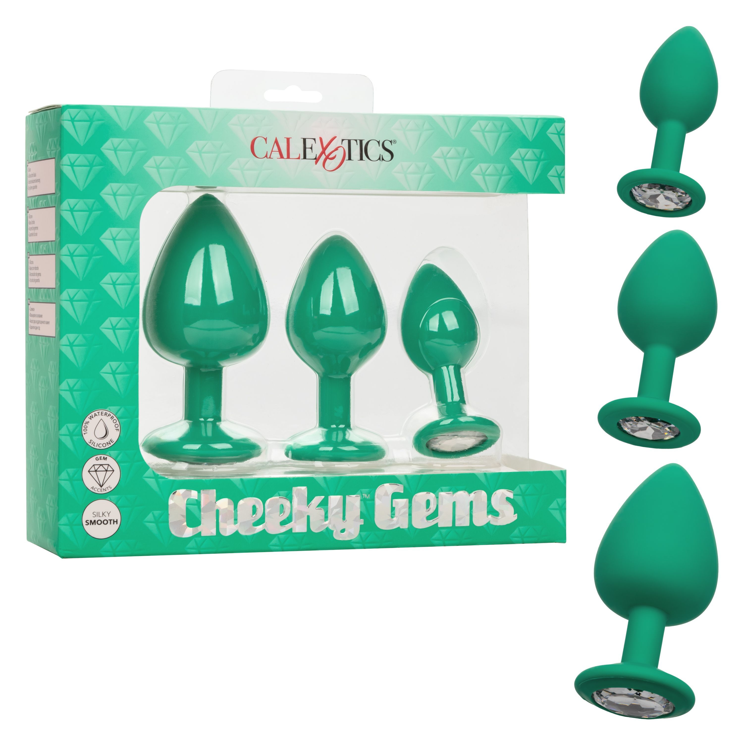 Набор анальных пробок CalExotics Cheeky Gems, зелёные с бесцветными кристаллами