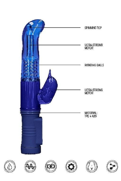 Вибратор кролик с ротацией Shots Dolphin, синий