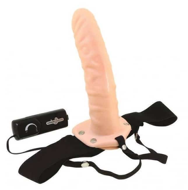 Страпон с встроенным вибратором Realistic Hollow Vibrating Strap On, телесный