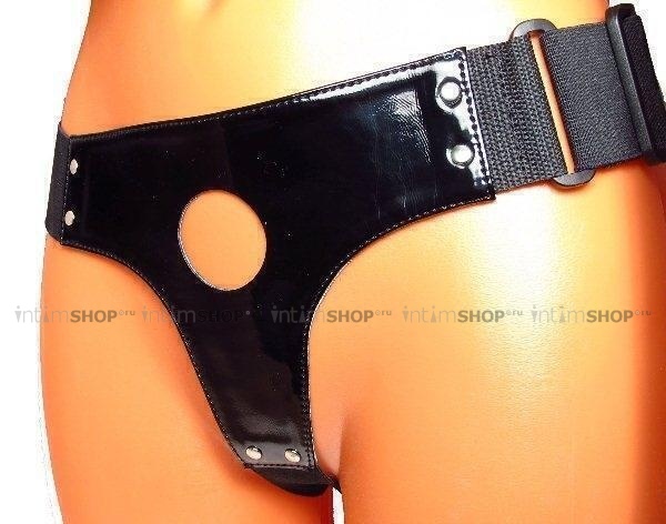 фото Трусики черные лаковые для страпона BDSM Arsenal