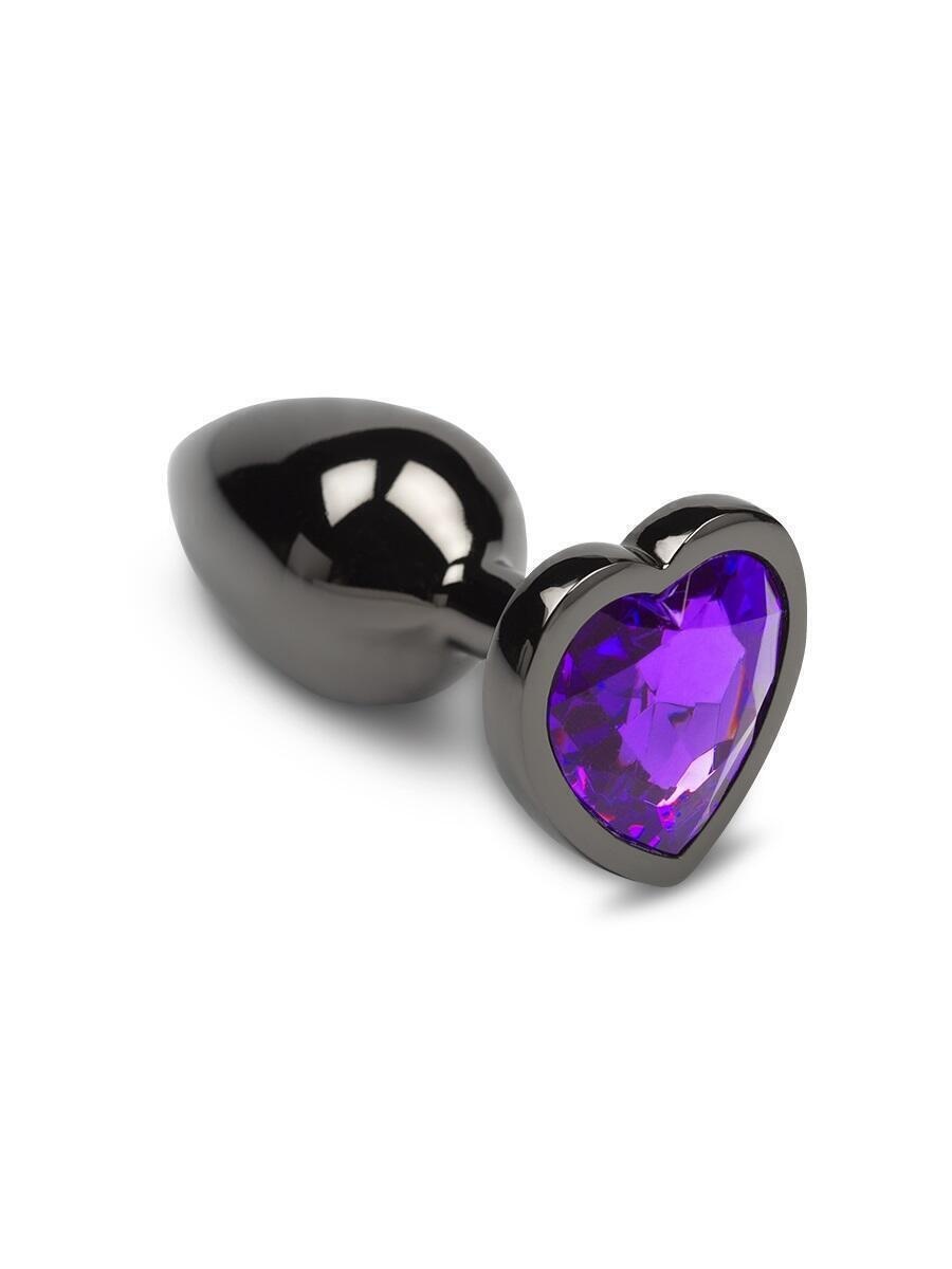 Анальная пробка большая Пикантные Штучки с фиолетовым кристаллом в виде сердечка, графитовая, 8.5 см