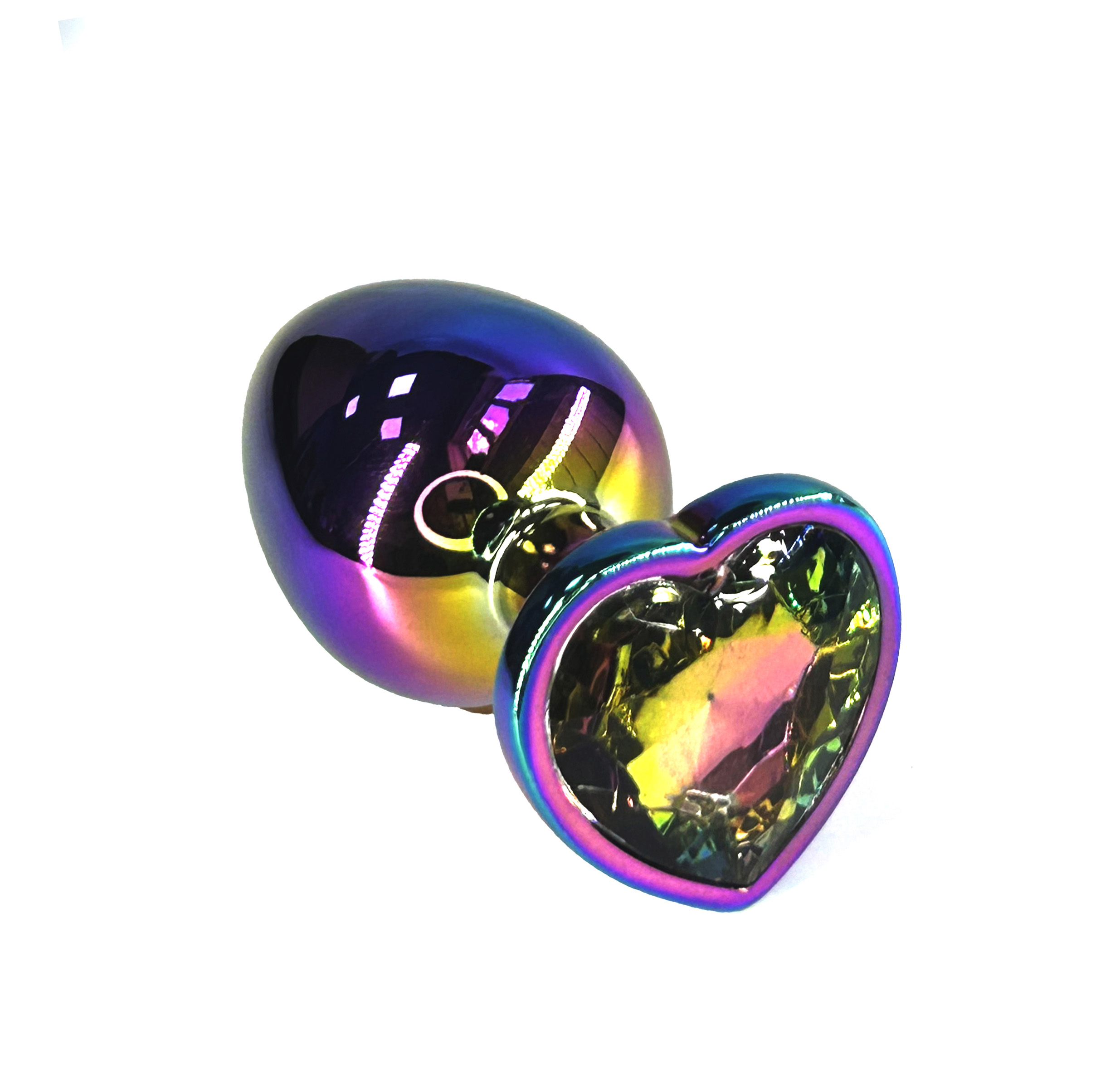 Анальная пробка Kanikule Large, неохром с разноцветным кристаллом сердце