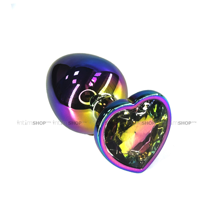 Анальная пробка Kanikule Large, неохром с разноцветным кристаллом сердце