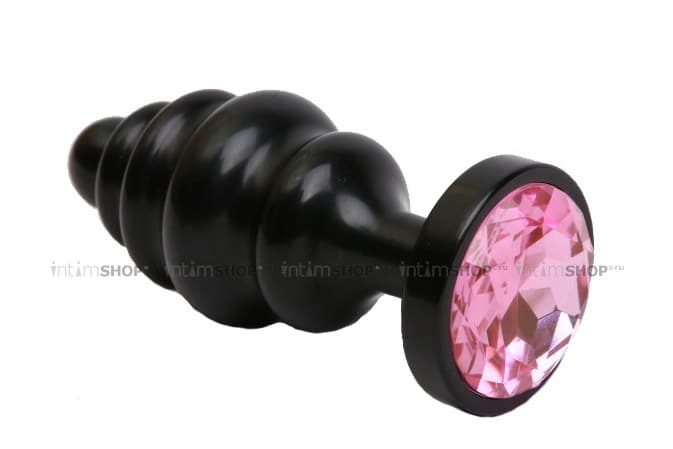 

Анальная пробка ребристая 4sexdream 8.2 см, черная с розовым кристаллом