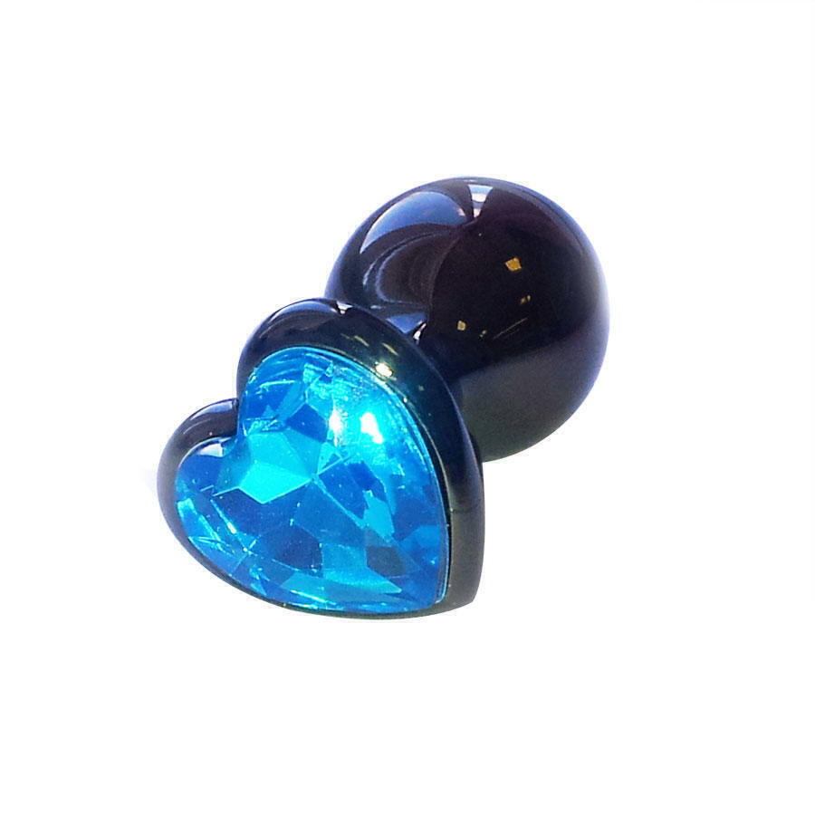 Анальная пробка в виде сердца LoveToys с голубым кристаллом, черная