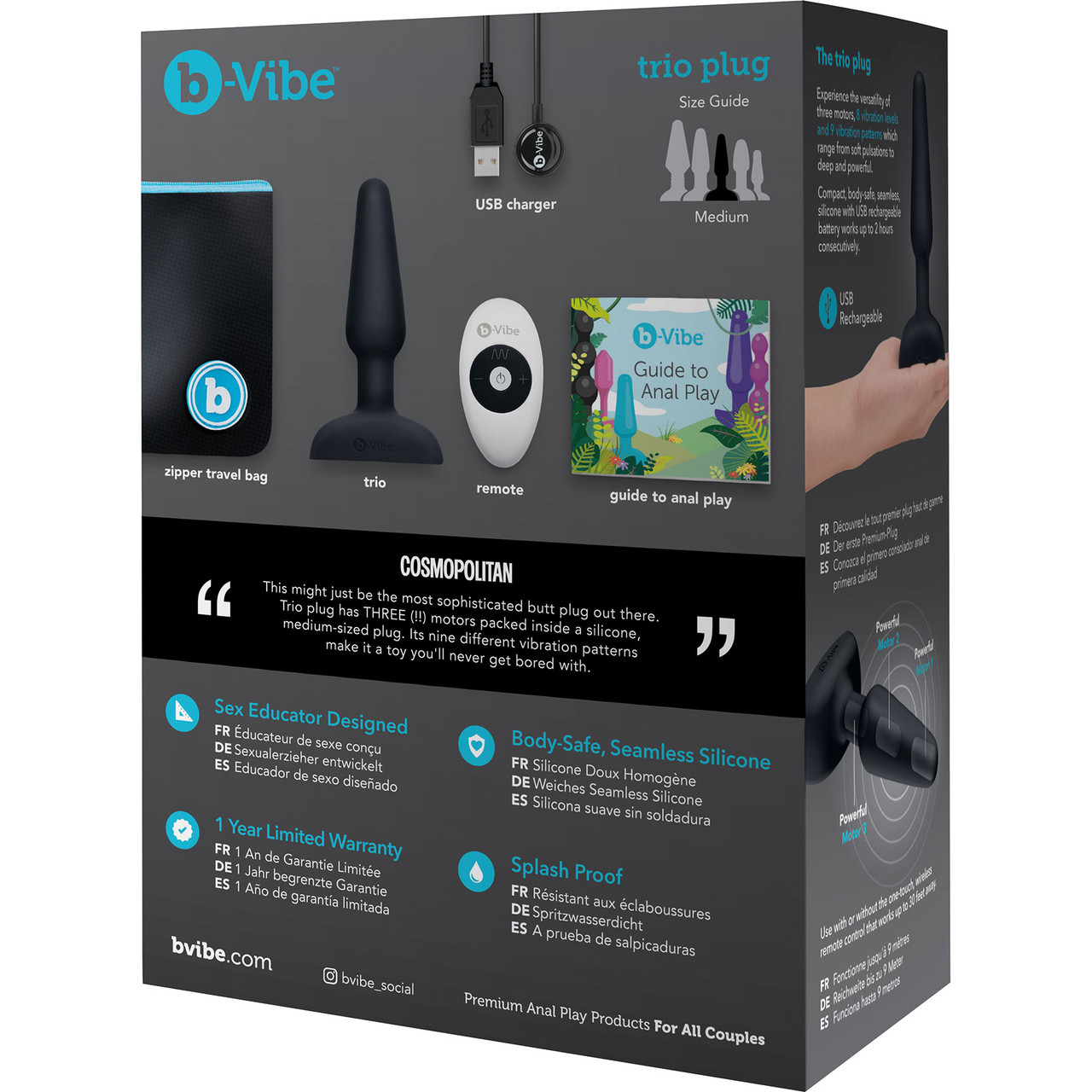 Анальная вибропробка b-Vibe Trio с пультом ДУ, черная