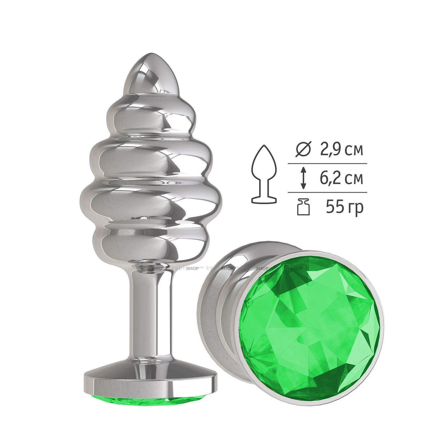 Анальная втулка Silver Spiral с зелёным кристаллом