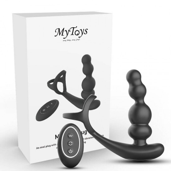 Вибростимулятор простаты с ротацией, двойным кольцом и пультом ДУ MyToys MyRevoPlug, черный