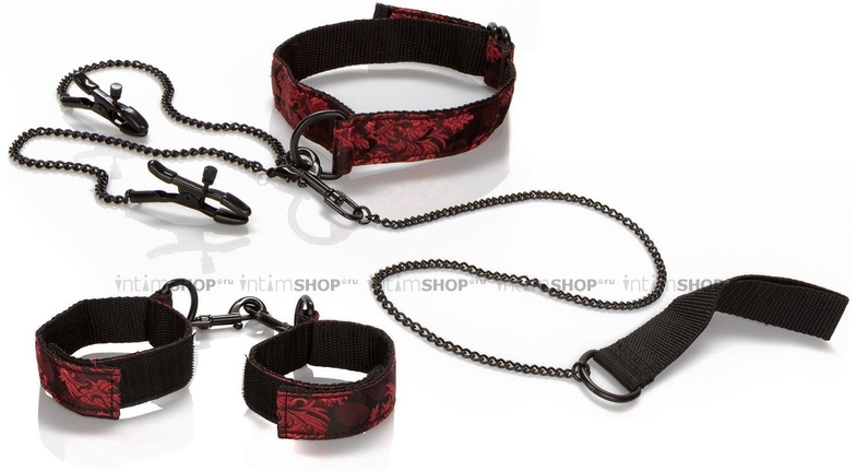 

BDSM-набор: ошейник, наручники, зажимы California Exotic Novelties Scandal Submissive Kit, чёрно-красный