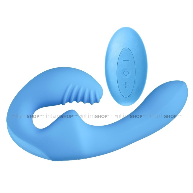 

Безремневой страпон с вибрацией и пультом управления Главсексмаг, голубой