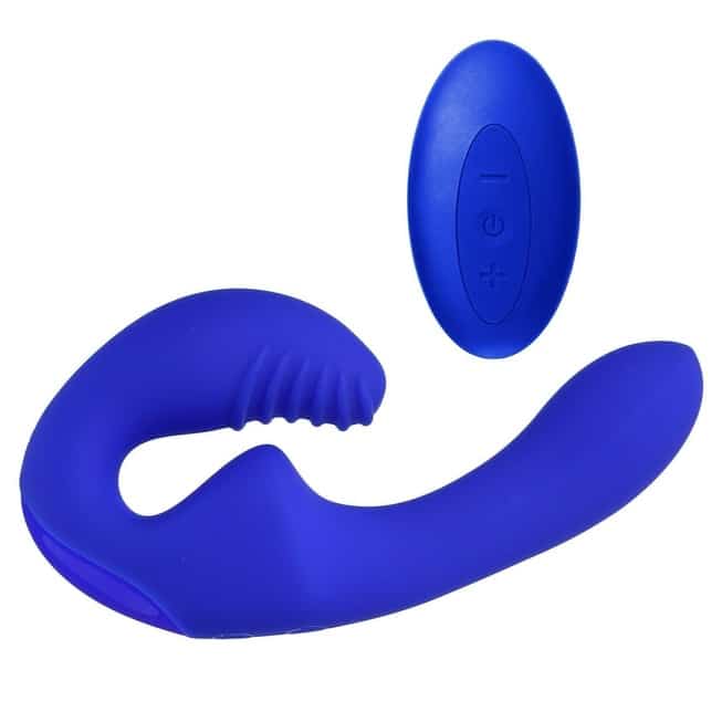 Безремневой страпон с вибрацией и пультом управления Главсексмаг, синий