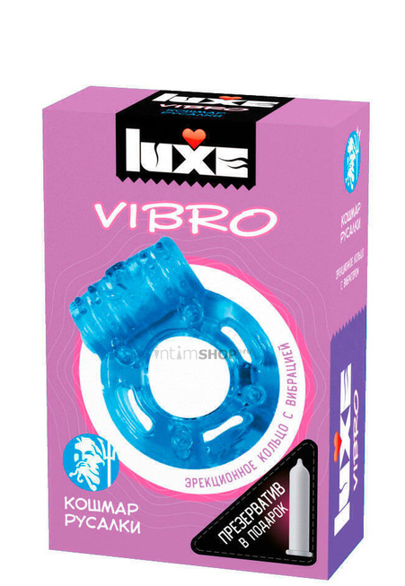 Эрекционное кольцо с вибрацией Luxe Vibro Кошмар русалки + презерватив, голубое