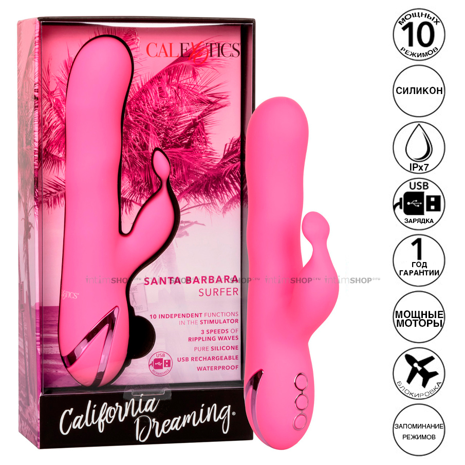 Вибратор-кролик с  волнообразными движениями ствола CalExotics California Dreaming Santa Barbara Surfer, розовый