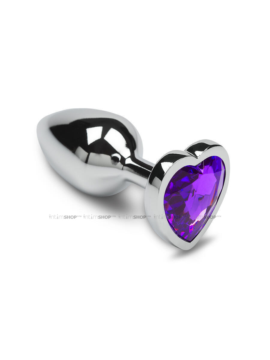 Маленькая анальная пробка Пикантные Штучки с фиолетовым кристаллом в виде сердечка, серебристая, 6 см